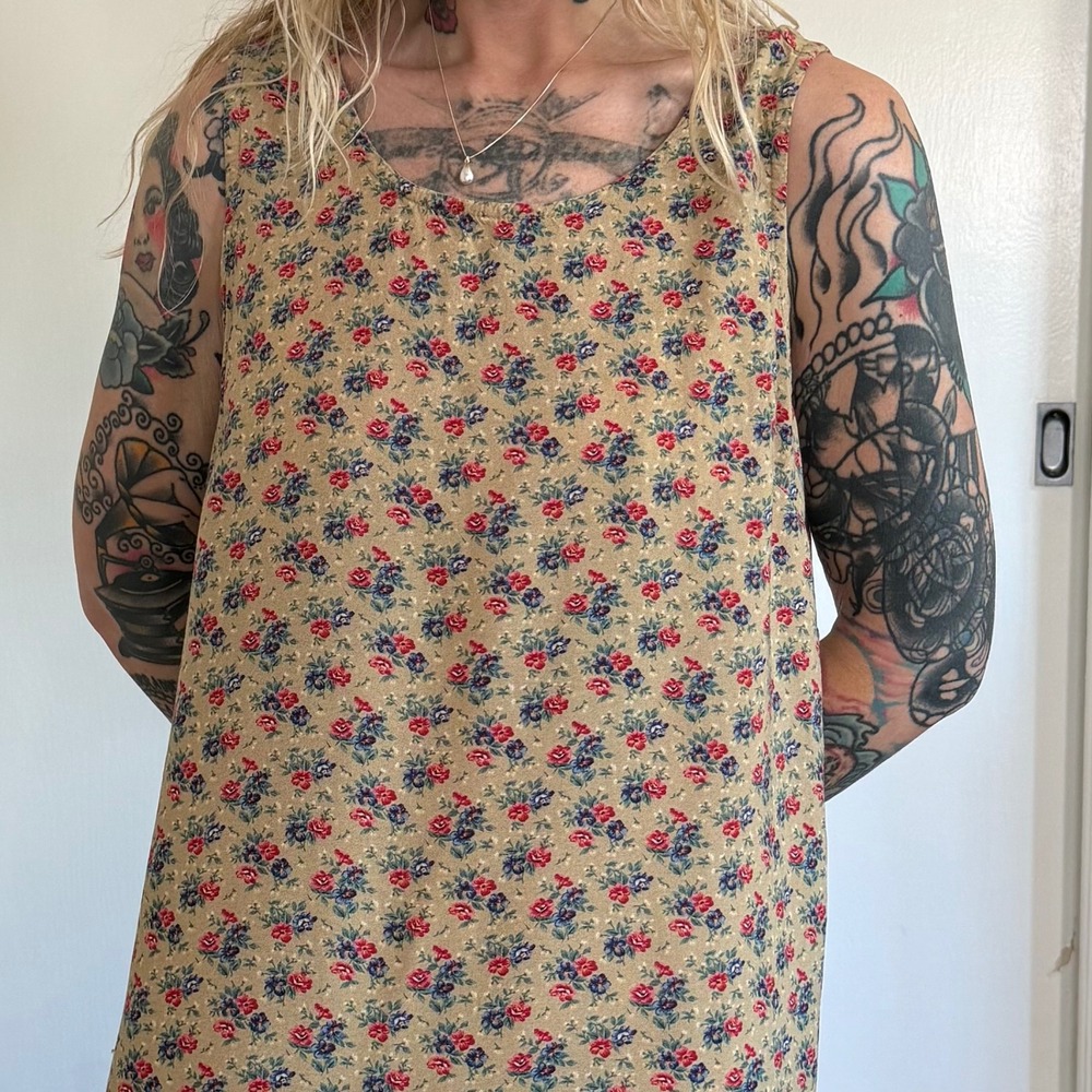 Vintage Erika London Floral Maxi Dress Tan Cotton Blend Large Sleeveless - Picture 2 of 5